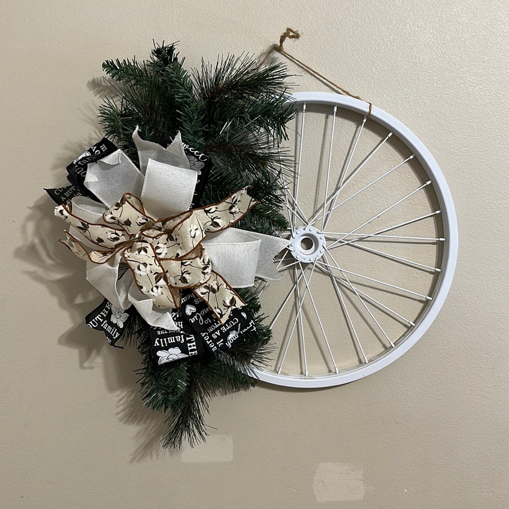 Cotton Southern accented metal bike wheel door hanger. Made by me on these